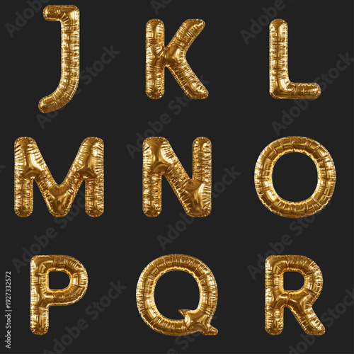 Set of Gold Foil Balloon Letters J, K, L, M, N, O, P, Q, R On Black Background For Celebration, Party, And Luxury Decor