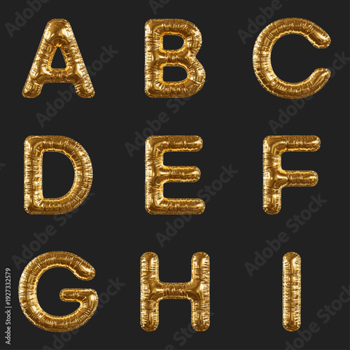 Set of Gold Foil Balloon Letters A, B, C, D, E, F, G, H, I On Black Background For Celebration, Party, And Luxury Decor