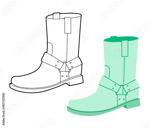 Mint harness western boot women color plus line set. Strap detail ankle boot for spread and branding project. Technical fashion illustration CAD mockup mixed vector man unisex isolated stylish style.