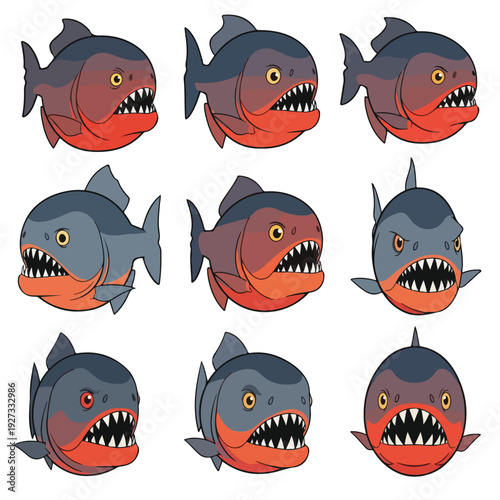 Cartoon Shark Faces Various Emotions White Background