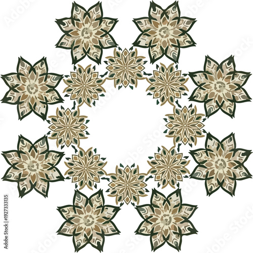 Luxury Ornate Radial Frame with Earthy Green and Gold Floral Mandalas and Botanical Blossom Design on White Background