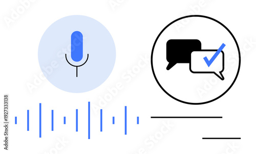 Microphone icon with sound waves and speech bubbles featuring a checkmark convey voice recognition, audio technology, AI validation. Ideal for communication, AI, speech analysis, feedback, sound