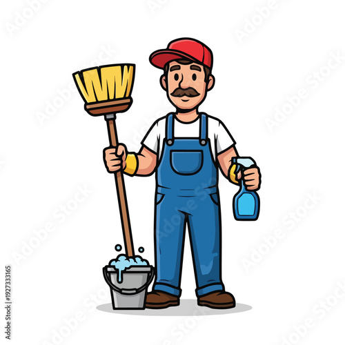 Cartoon janitor with cleaning supplies and bucket