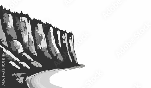 Vintage Engraved Alpine Cliff by River Hand Drawn Ink Landscape with Copy Space on White Background