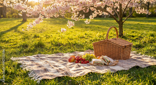 Picnic in spring park with wicker basket and fruits under blooming cherry blossom tree at golden hour