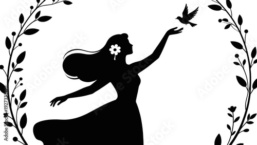 Silhouette of woman releasing a bird surrounded by floral design  