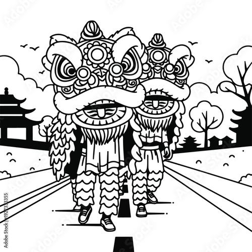 Lion dance performance on a city street in black and white
