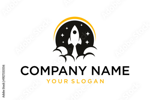 Minimalist Rocket Launch Logo. Space startup icon with white rocket taking off against a starry black sky and yellow arc, symbolizing technology and progress.