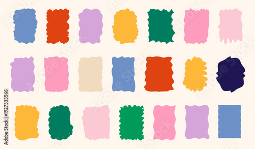 Set of colorful wavy sticker collection. Bright labels with hand-drawn edges for playful tags, social graphics and festive decorations. Irregular border silhouettes vector illustration.