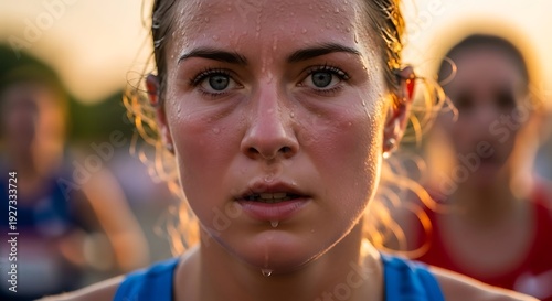 Close-up portrait of a determined female runner sweating profusely after intense competition