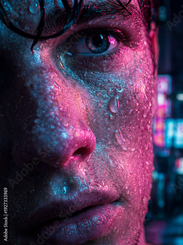 Neon lit close-up of man with water droplets, cyberpunk nightlife portrait