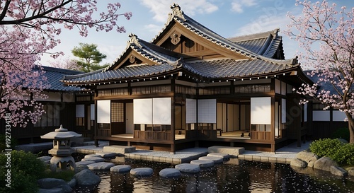Tranquil japanese garden with traditional house and cherry blossoms