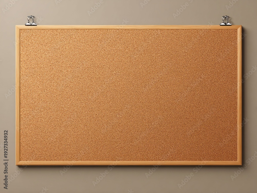 Fototapeta premium Empty cork board with wooden frame hanging on a neutral wall with clips