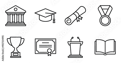 Academic education achievement learning graduation award university outline icons set vector design template
