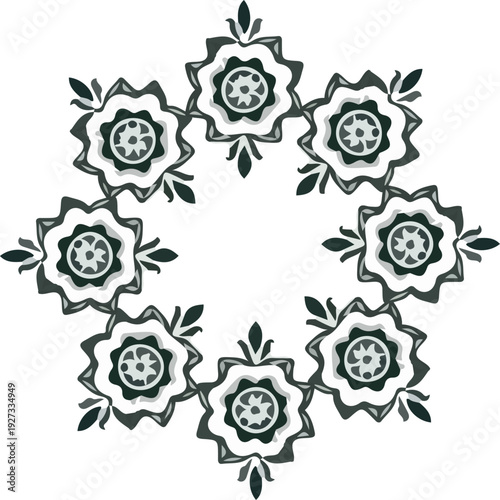 Luxury Ornate Radial Frame with Dark Teal Floral Mandalas and Symmetrical Botanical Wreath Design on White Background