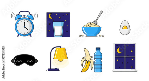 Eight illustrations depicting sleep hygiene items and foods arranged in two rows