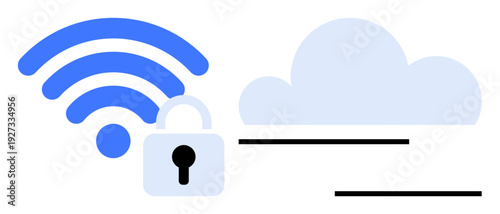wireless signal connects to a cloud secured with a lock, symbolizing secure online access, data storage, and encryption. Ideal for technology, cybersecurity, data safety, internet, connectivity