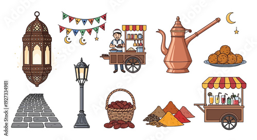 Collection of Ramadan and Middle Eastern cultural icons food items and street elements