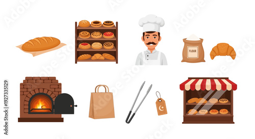 Collection of bakery icons including a baker oven bread pastries and shop display
