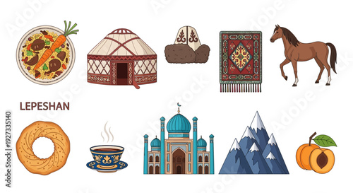 Collection of Central Asian cultural icons including food dwelling attire art animal and nature elements