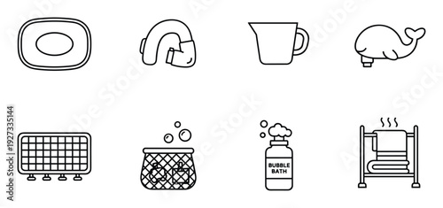 Baby bath time accessories and hygiene products linear icons showing whale faucet cover and toy bag