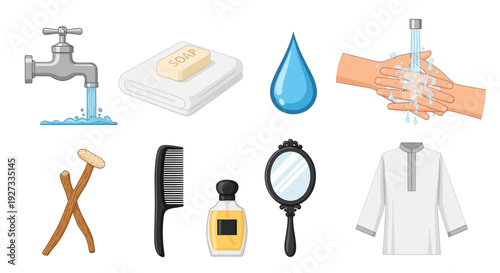 Collection of hygiene and grooming items including water soap cloth and clothing