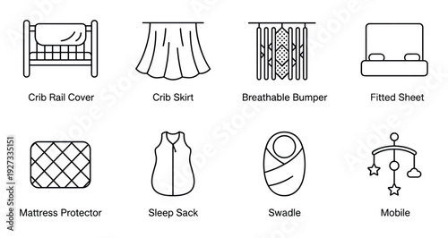 Baby bedding and nursery essentials thin line icons including crib rail cover and breathable bumper