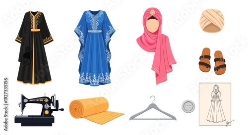 Collection of traditional Middle Eastern garments sewing tools and accessories on white