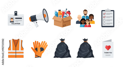 Flat icons representing volunteer work ID megaphone donation box group checklist vest gloves trash bags thank you card