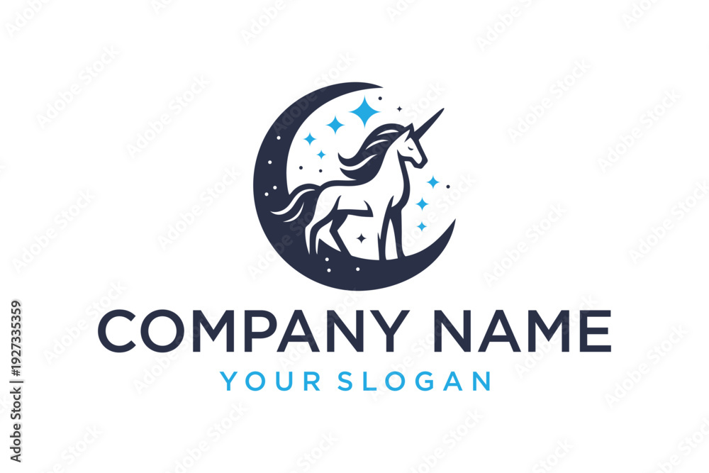 Fototapeta premium Elegant Unicorn Standing on Crescent Moon with Stars Fantasy Logo Design