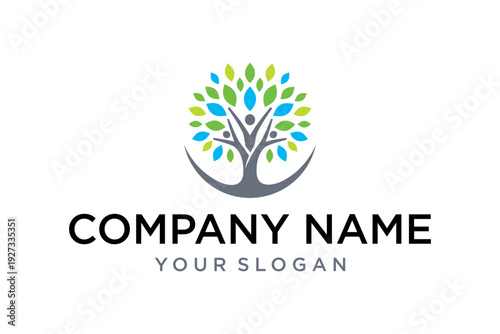 Abstract People Tree Logo with Colorful Leaves Symbolizing Community, Growth, and Environmental Connection