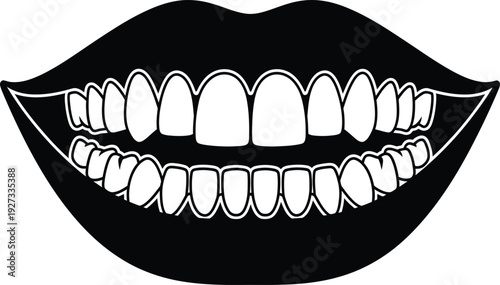 A black and white illustration of smiling lips and teeth
