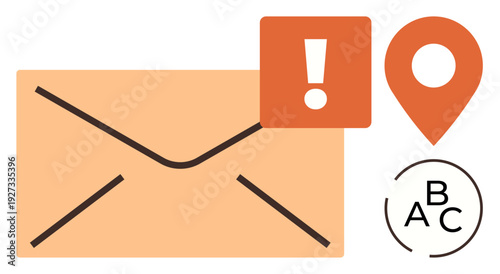 Email notifications, postal services, location tracking, alerts, digital communication, logistics. Envelope with exclamation sign, pin symbol and ABC stamp. Communication and notifications concept