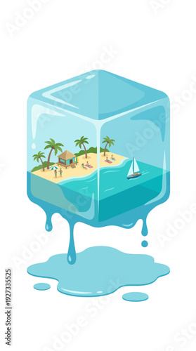 Global warming and climate change concept, isometric melting ice cube with tropical beach island inside vector