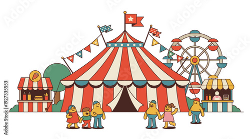 Retro carnival and amusement park landscape concept, vintage circus tent with ferris wheel and family vector
