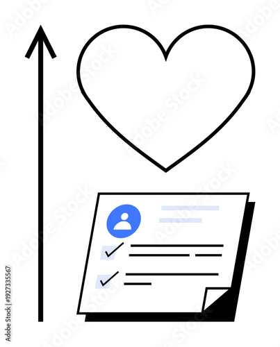 Heart above checklist and upward arrow representing connection, self-improvement, progress. Ideal for personal growth, healthcare, productivity, motivation, relationships networking career. Simple