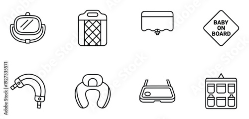 Car travel safety accessories for babies icons featuring backseat mirror neck pillow and board sign