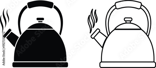 Black and white kettle icons in solid and line styles for cooking or tea concepts