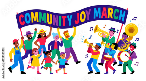 Diverse community joy march parade concept, multicultural people celebrating with brass band music flat vector