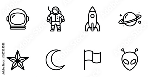 Collection of outer space elements such as astronaut, ufo, rocket, planet, flag and star