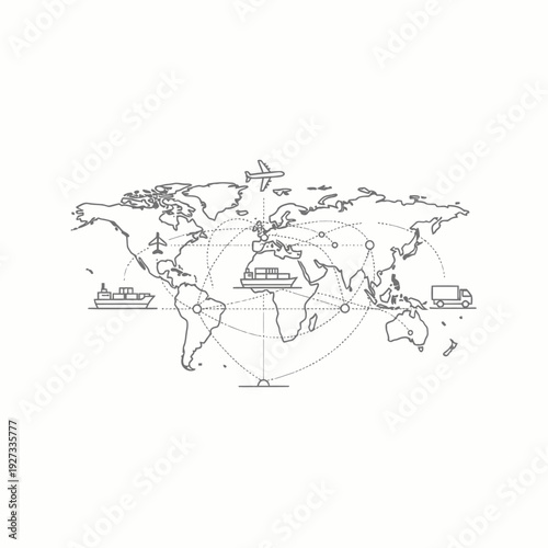 A world map displaying global logistics and transportation network. The image features interconnected routes with various transport modes