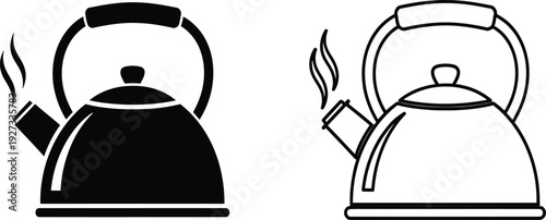 Black and white kettle icons with steam rising from spout on isolated for cooking or kitchen use