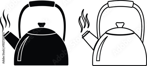 Black and white kettle icons with steam rising from spouts on pure