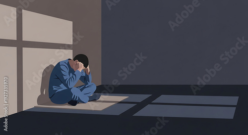 depressed man sitting alone in a dark confined room corner head in hands grappling with mental health issues loneliness and deep despair.