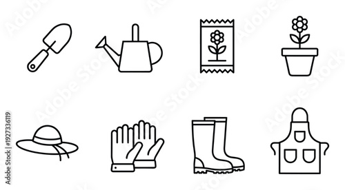 Gardening equipment and outdoor maintenance icons collection with watering can boots and hand trowel