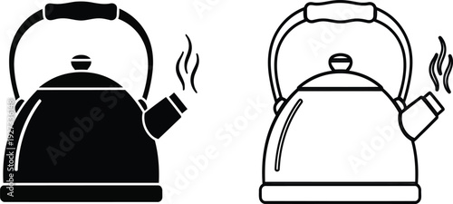Two black and white kettle icons with steam rising from spouts