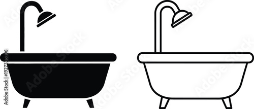 Black and white bathtub icons with shower heads