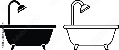 Vector illustration of two bathtubs with shower heads in black and white