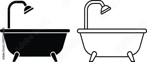 Black and white line art illustration of two bathtubs with faucets