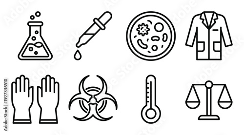 Medical lab equipment and protective gear such as flask, dropper, petri dish, and lab coat